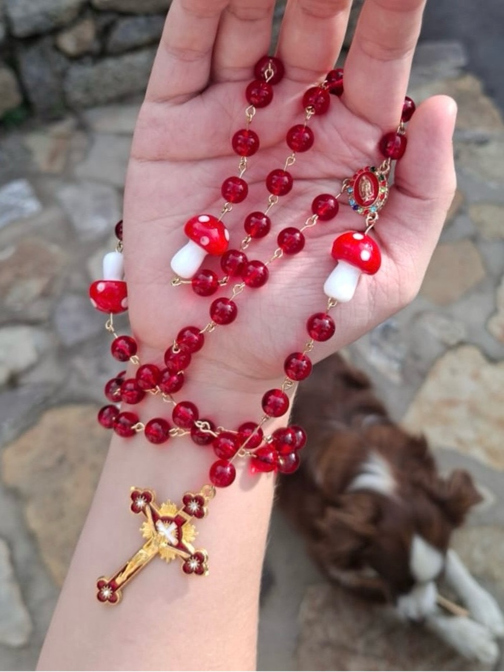 Red Bead Rosary Necklace with Gold Cross